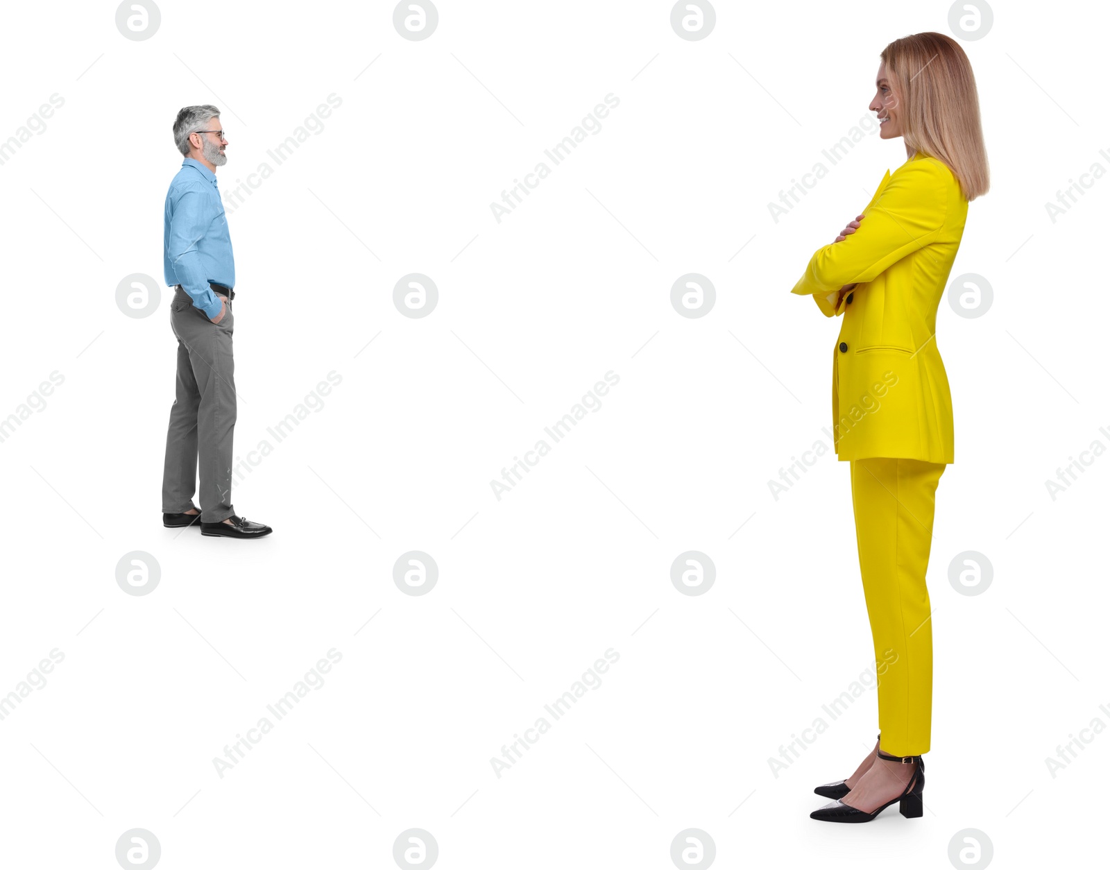 Image of Giant woman and small man on white background