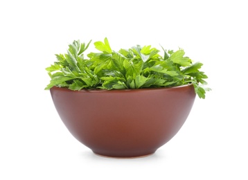 Photo of Bowl with fresh green parsley on white background