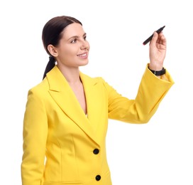 Photo of Beautiful businesswoman in yellow suit with marker on white background