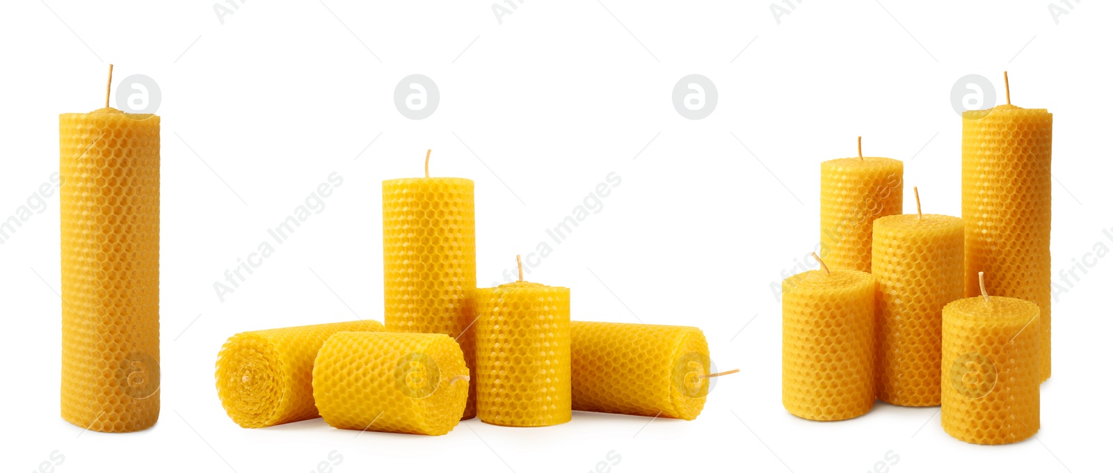 Image of Set of beeswax candles on white background