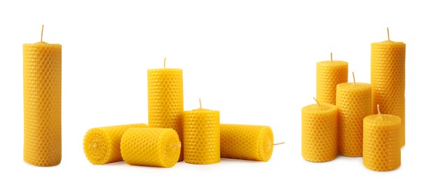 Image of Set of beeswax candles on white background