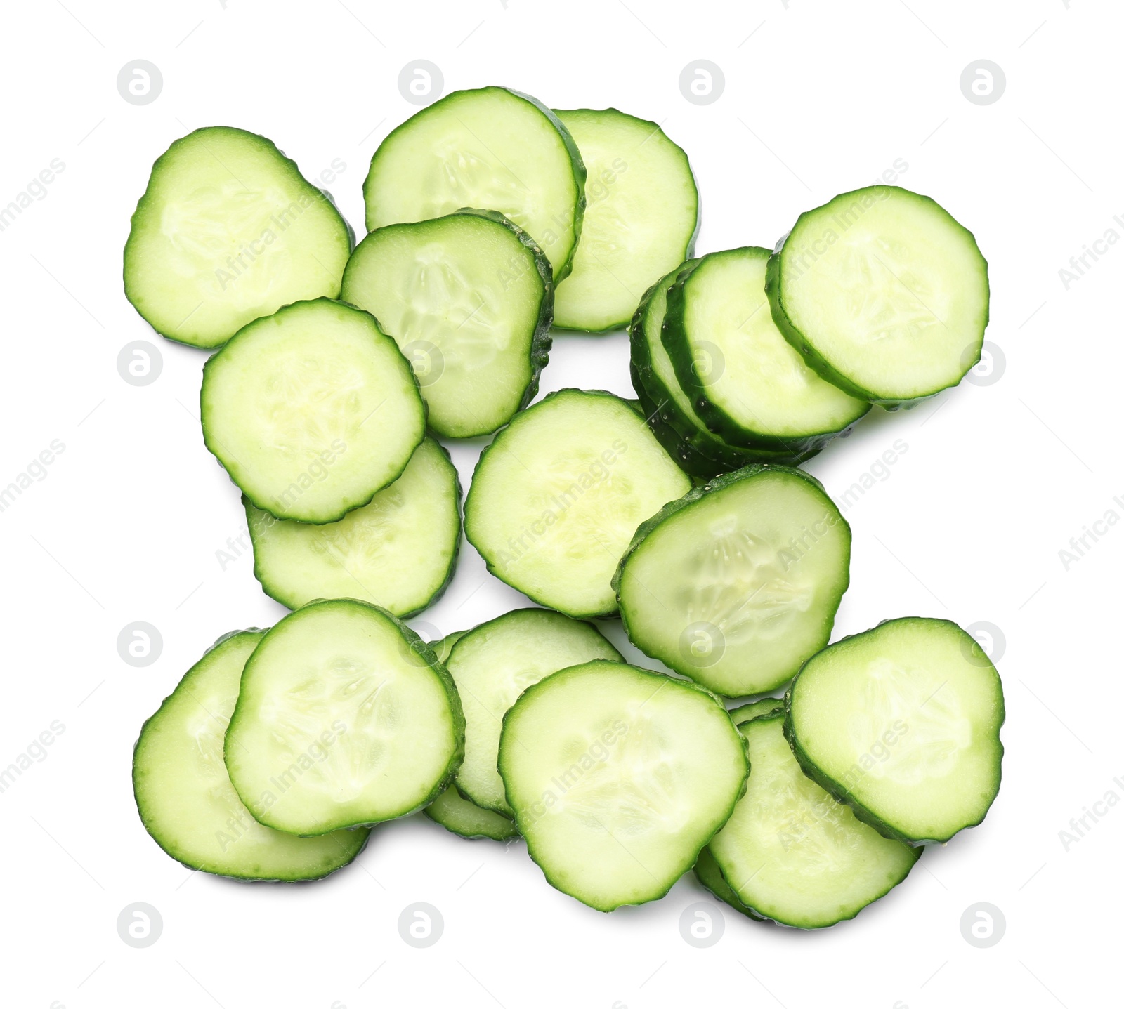 Photo of Slices of fresh ripe cucumber isolated on white, top view