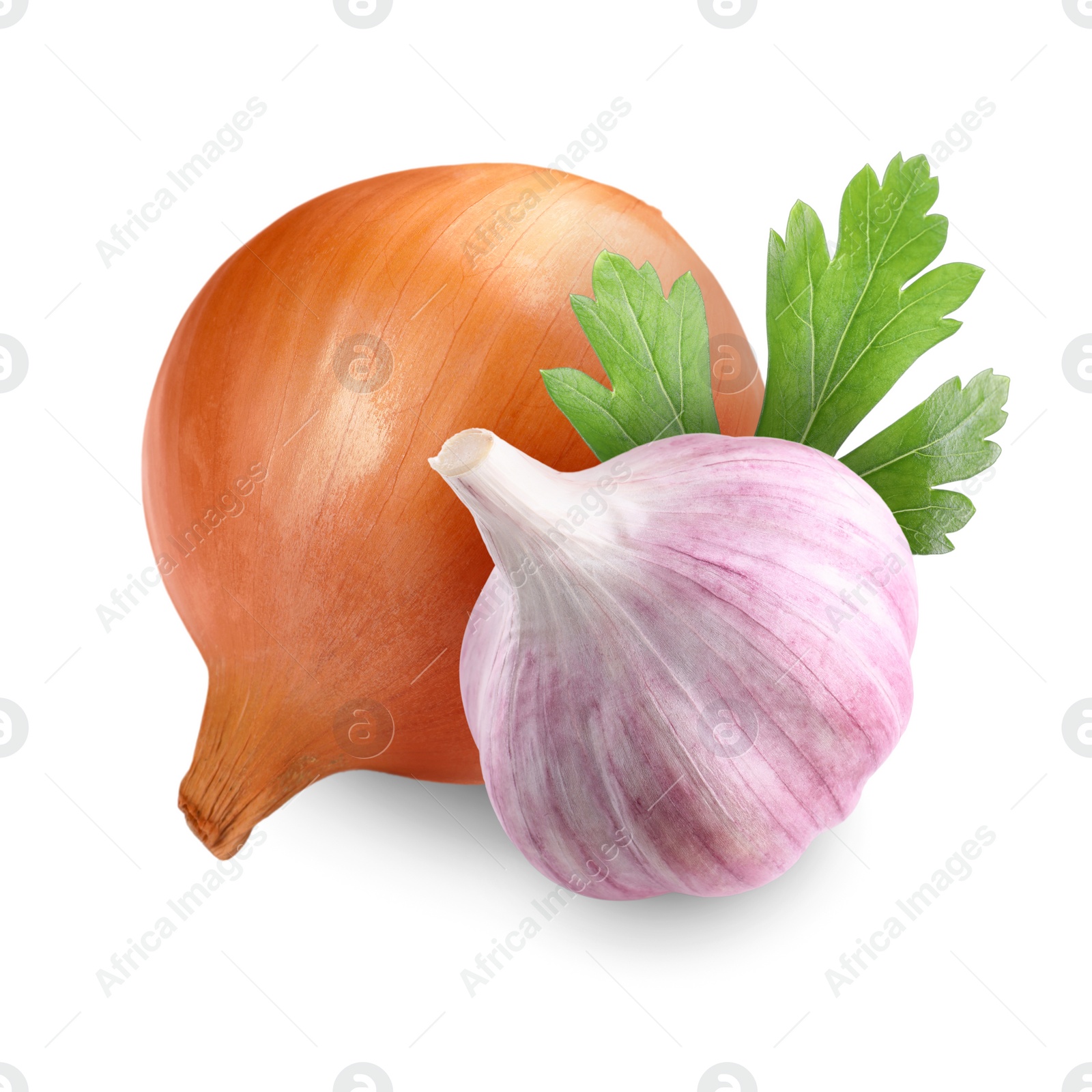 Image of Garlic, yellow onion and parsley isolated on white