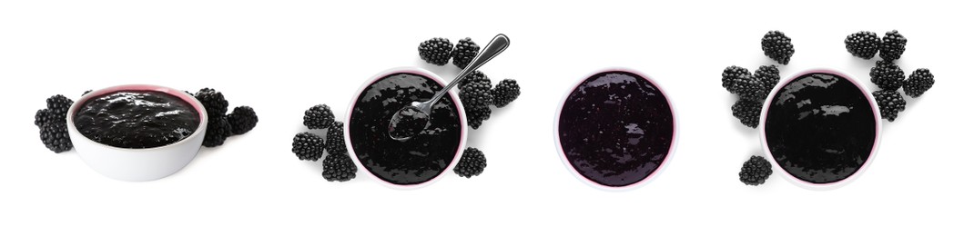 Image of Set with tasty blackberry puree on white background. Banner design