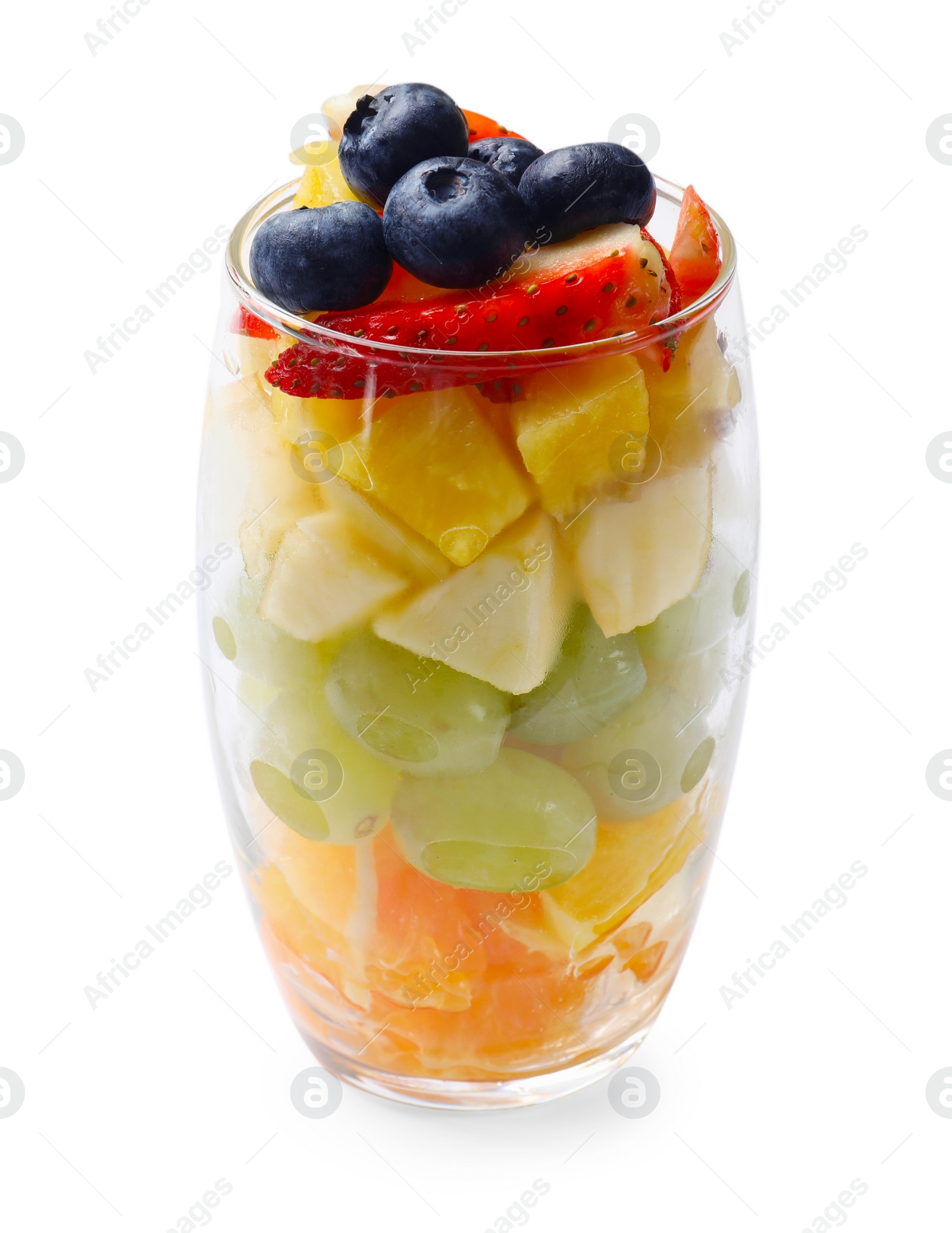 Photo of Delicious fruit salad in glass isolated on white