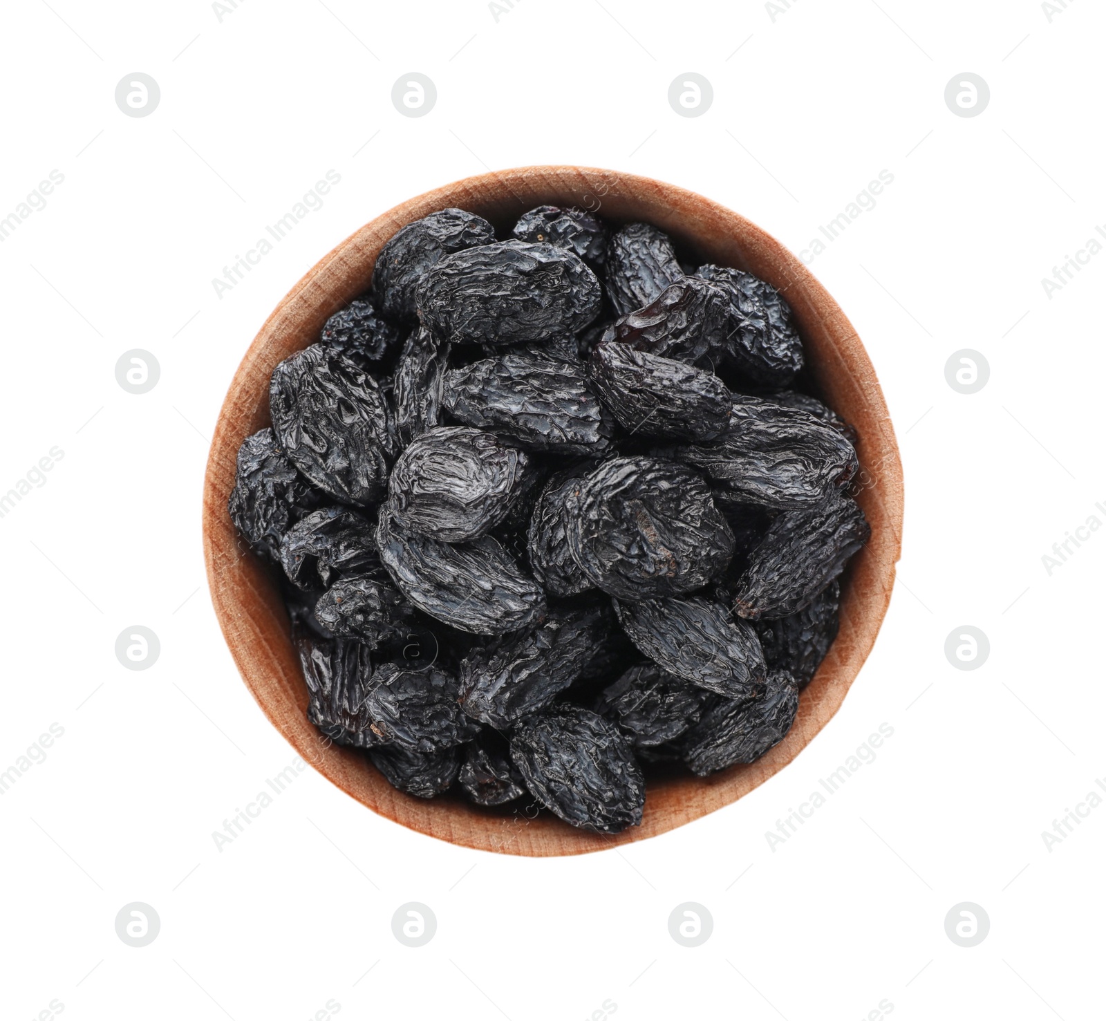 Photo of Bowl with raisins on white background, top view. Healthy dried fruit