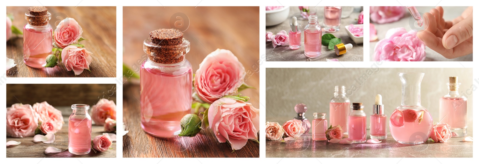 Image of Collage of different photos with essential oils and flowers. Banner design