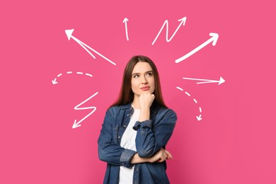 Image of Choice in profession or other areas of life, concept. Making decision, thoughtful young woman surrounded by drawn arrows on pink background