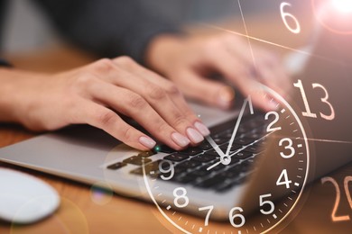 Image of Multiple exposure of woman working on laptop, calendar and clock