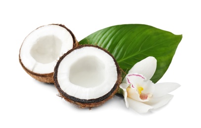 Coconuts with fresh water on white background