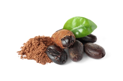 Photo of Composition with cocoa beans and powder on white background