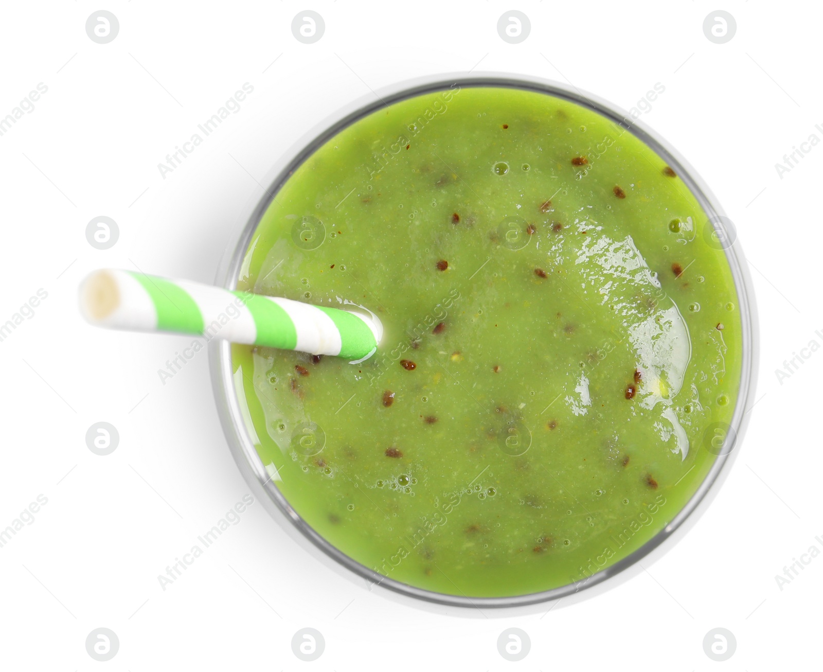 Photo of Delicious kiwi smoothie isolated on white, top view