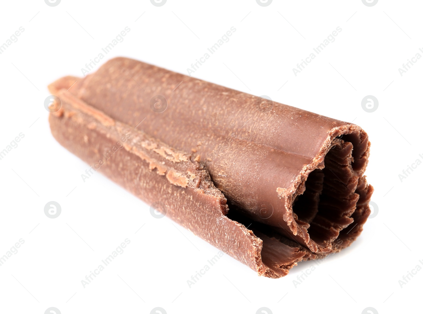 Photo of Curl of tasty chocolate on white background