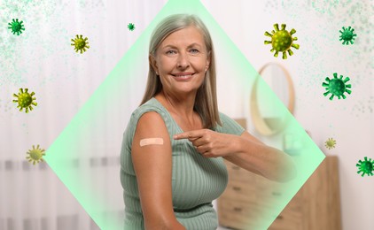 Image of Woman with strong immunity due to vaccination surrounded by viruses indoors