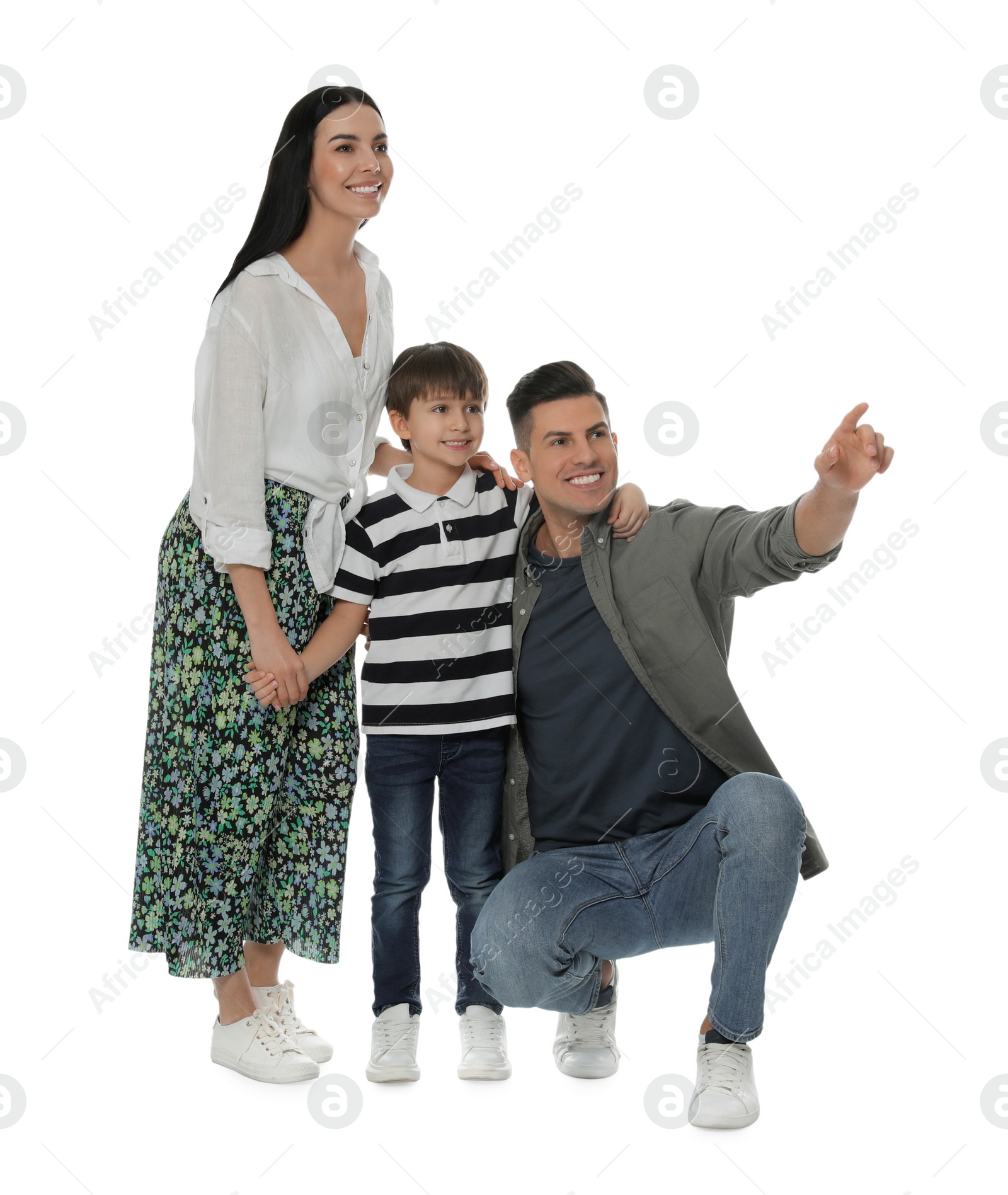 Photo of Little boy with his parents together on white background