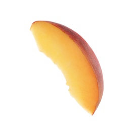 Slice of sweet juicy peach on white background