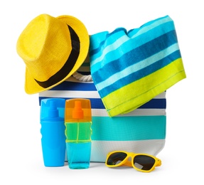 Photo of Composition with beach objects on white background