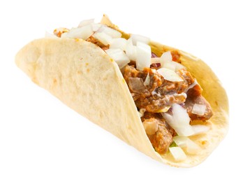 Photo of Delicious taco with meat and onion isolated on white
