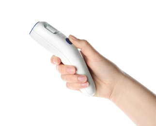 Photo of Woman holding non-contact infrared thermometer on white background, closeup
