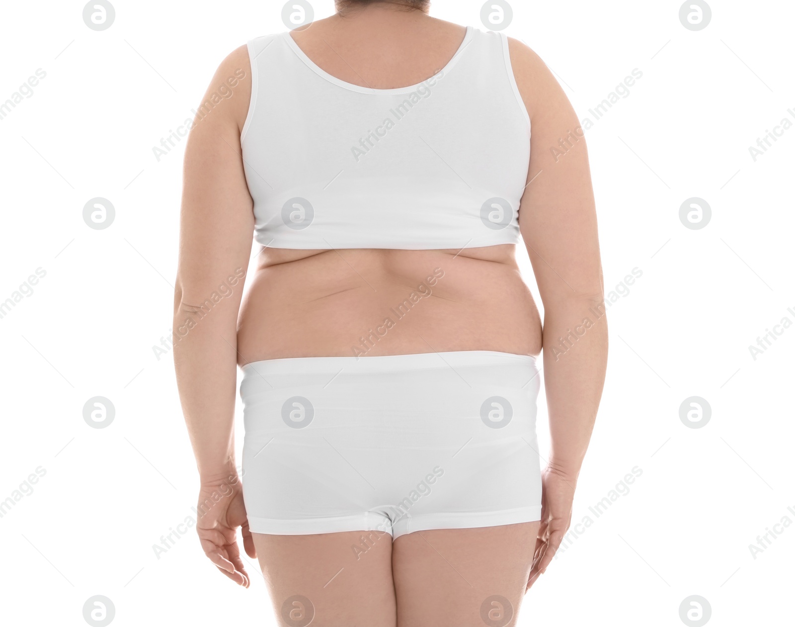 Photo of Overweight woman on white background, closeup. Weight loss