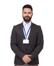 Young man with blank badge isolated on white