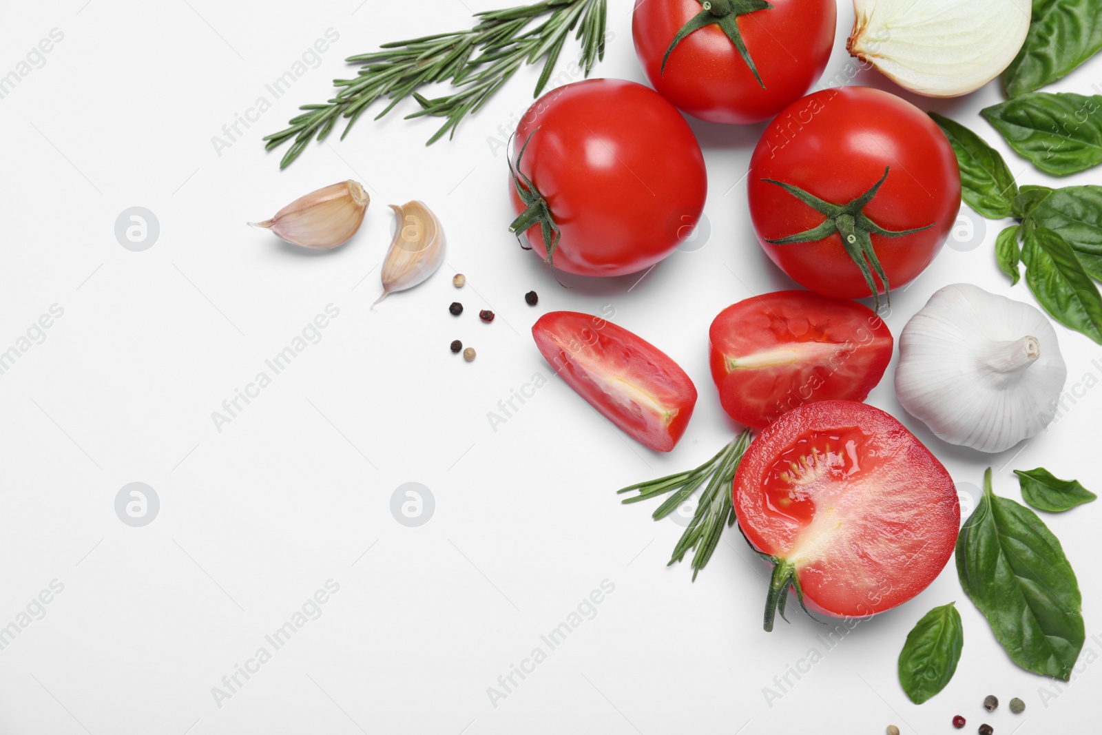 Photo of Composition with fresh basil leaves and tomatoes on white background, flat lay