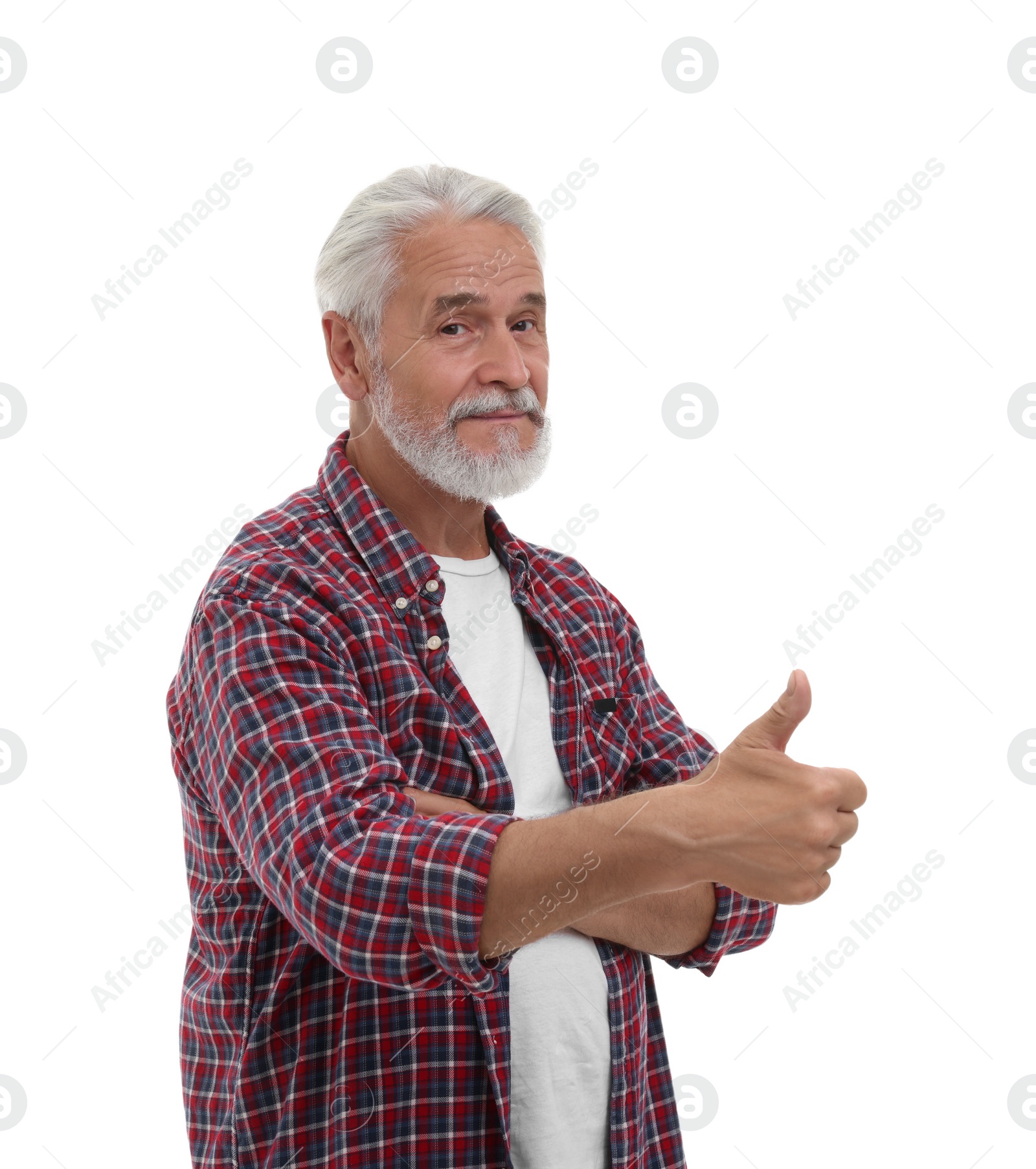 Photo of Man showing thumb up on white background