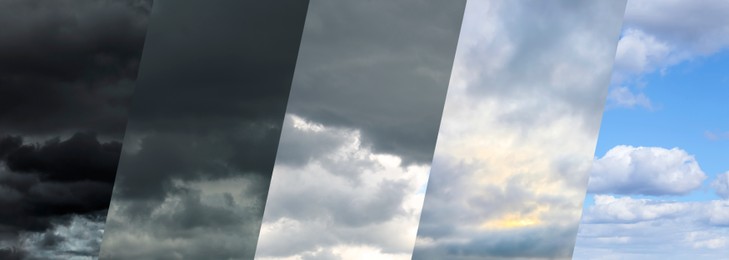 Photos of sky during different weather, collage. Banner design. Meteorology, forecast, climate change
