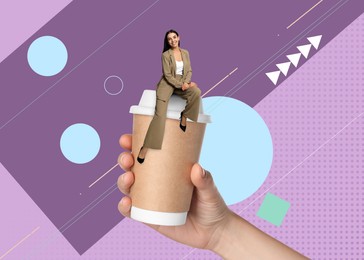 Coffee to go, stylish artwork. Woman holding takeaway paper cup with smiling girl on color background, closeup