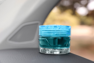 Stylish air freshener inside of car, closeup