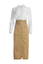 Elegant blouse and beige skirt isolated on white