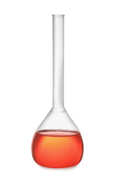 Photo of Volumetric flask with red liquid isolated on white