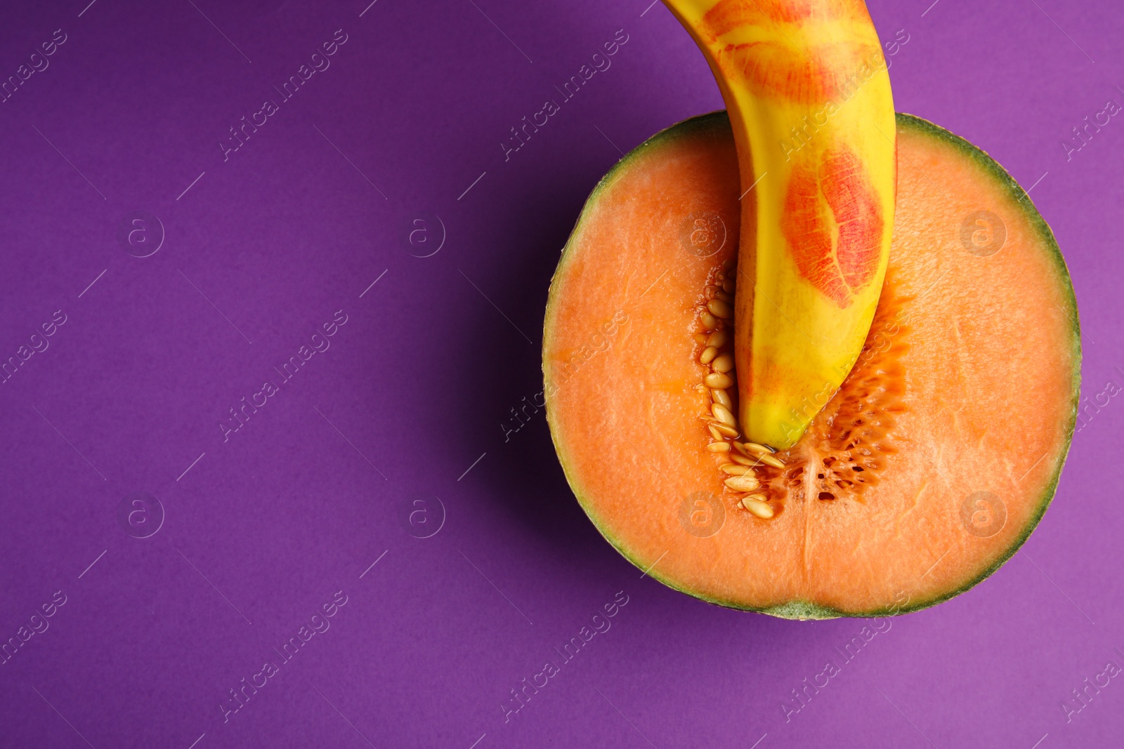 Photo of Flat lay composition with fresh banana and melon on purple background, space for text. Sex concept