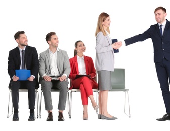 Employer greeting applicant on white background. Job interview