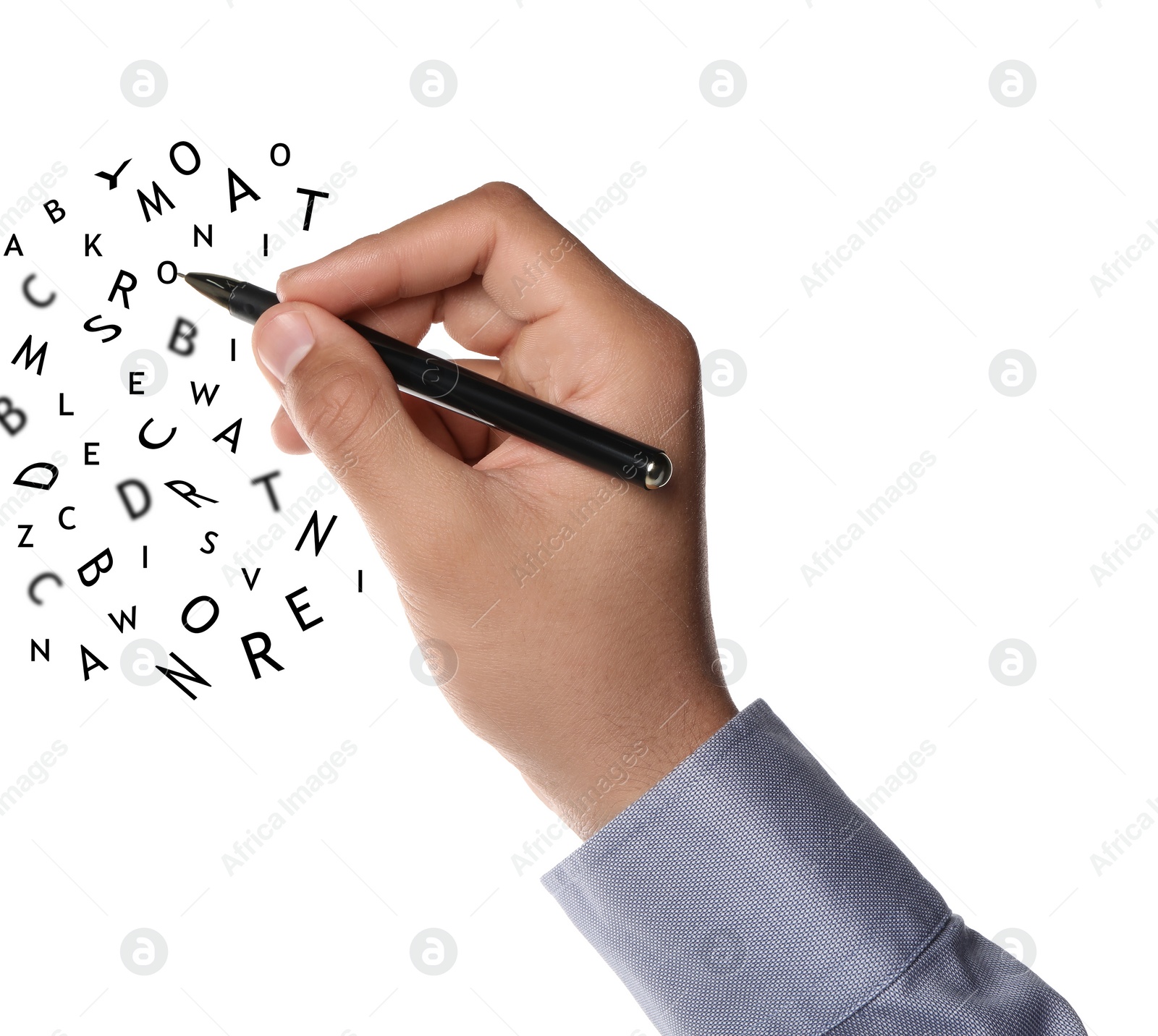 Image of Man writing letters and they flying away on white background, closeup