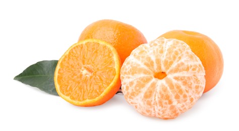 Fresh ripe juicy tangerines with green leaf on white background