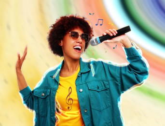 Singer's performance poster. Woman with microphone on bright background