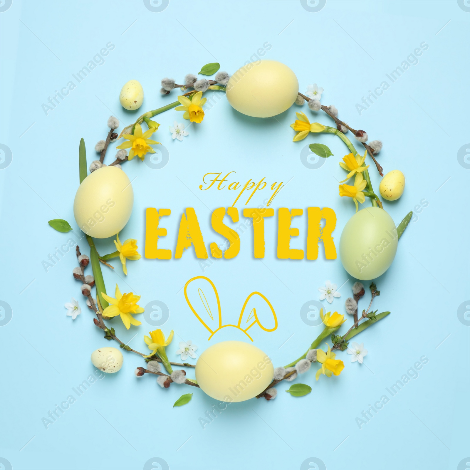 Image of Flat lay composition with eggs and text Happy Easter on light blue background, top view