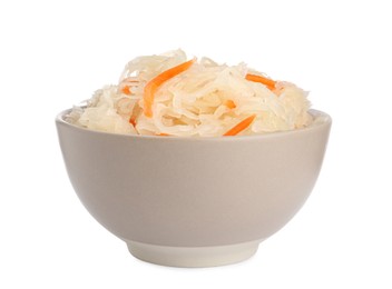 Photo of Bowl of tasty fermented cabbage with carrot isolated on white