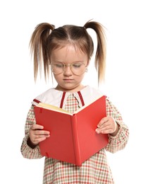 Photo of Cute little girl reading book on white background