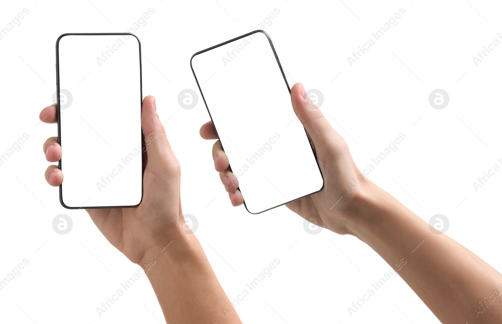 Image of Man holding phone with blank screen on white background, closeup. Set of photos