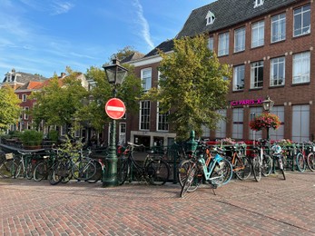 Beautiful view of buildings and bicycles on city street