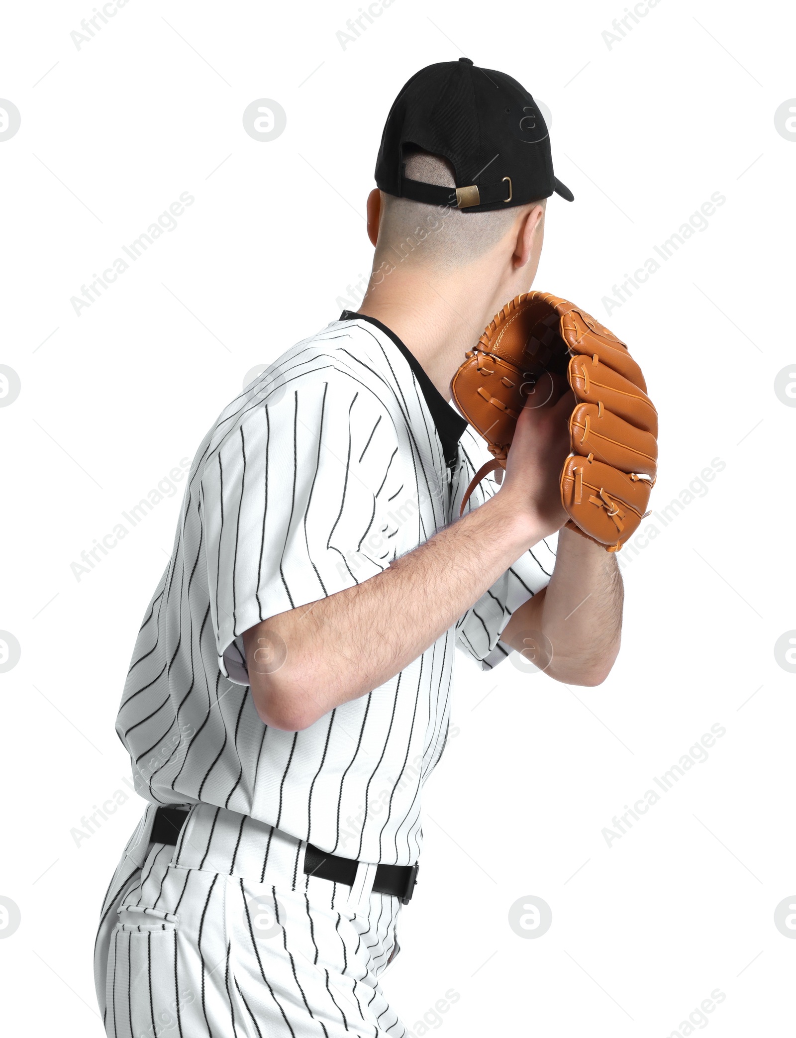 Photo of Baseball player with glove on white background, back view