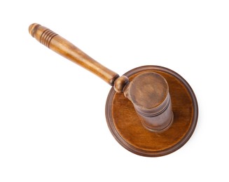 Wooden gavel isolated on white, top view. Small mallet