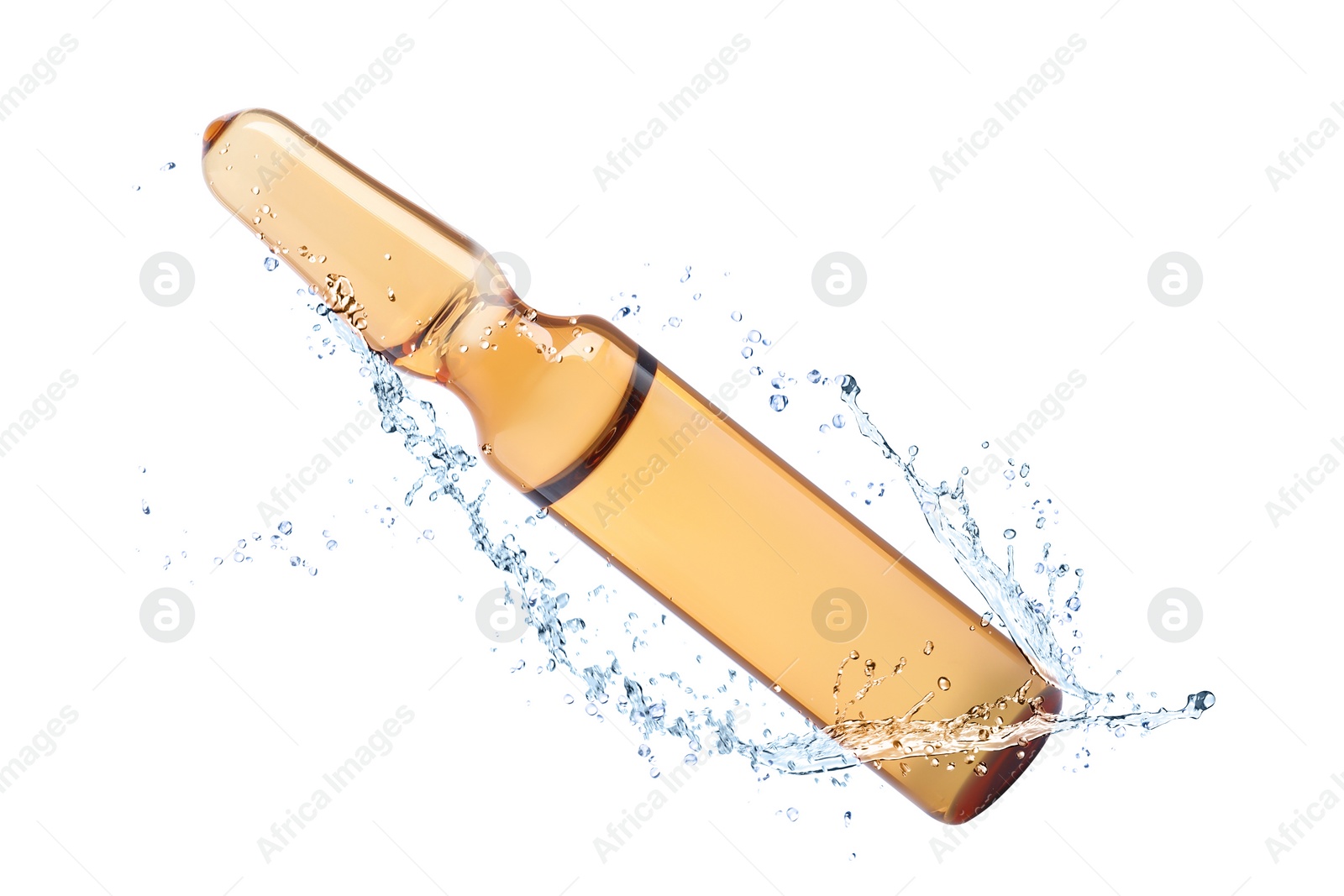 Image of Glass ampoule with pharmaceutical product and splash of water on white background