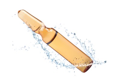 Image of Glass ampoule with pharmaceutical product and splash of water on white background