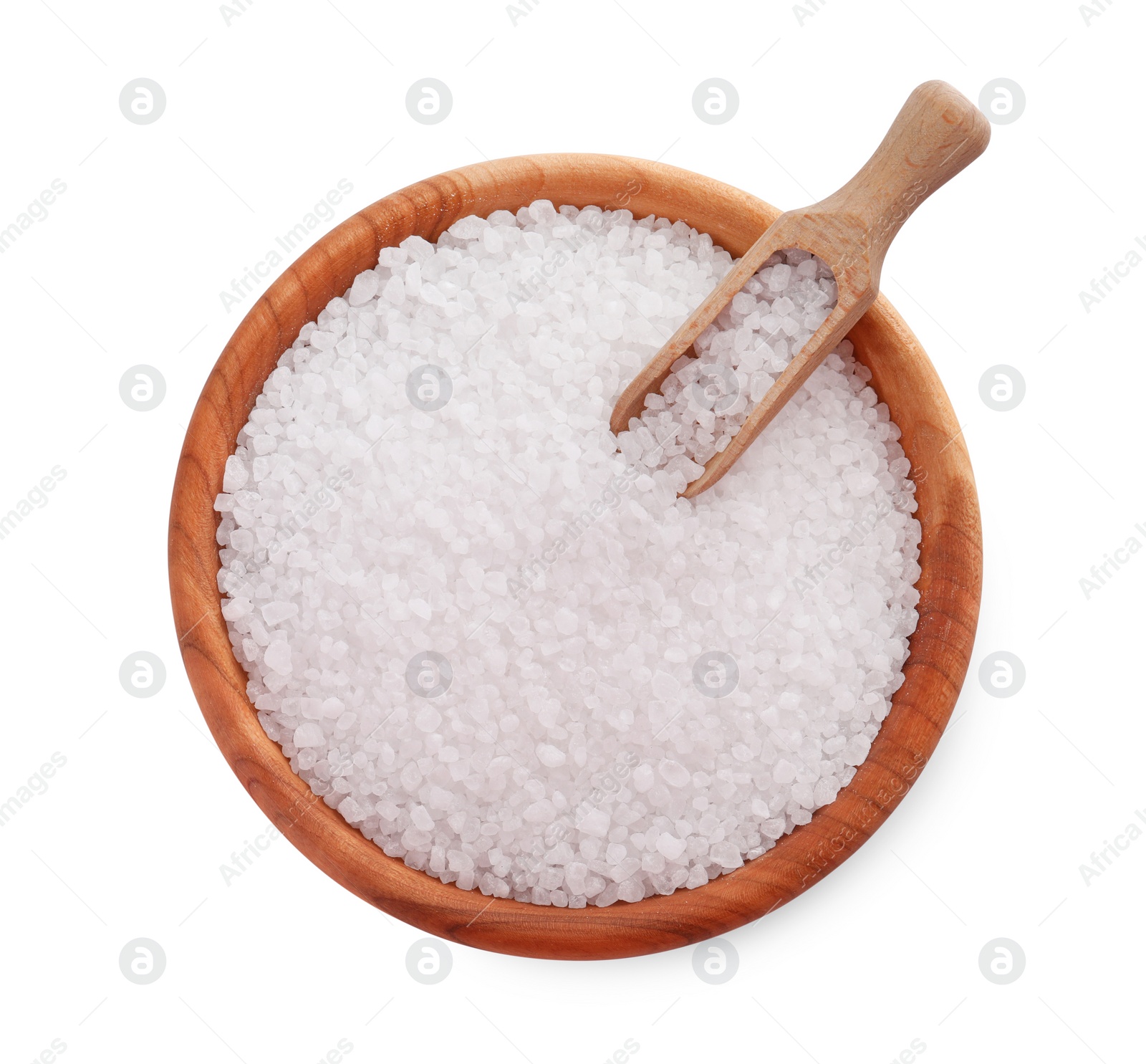 Photo of Wooden bowl and scoop with natural sea salt isolated on white, top view