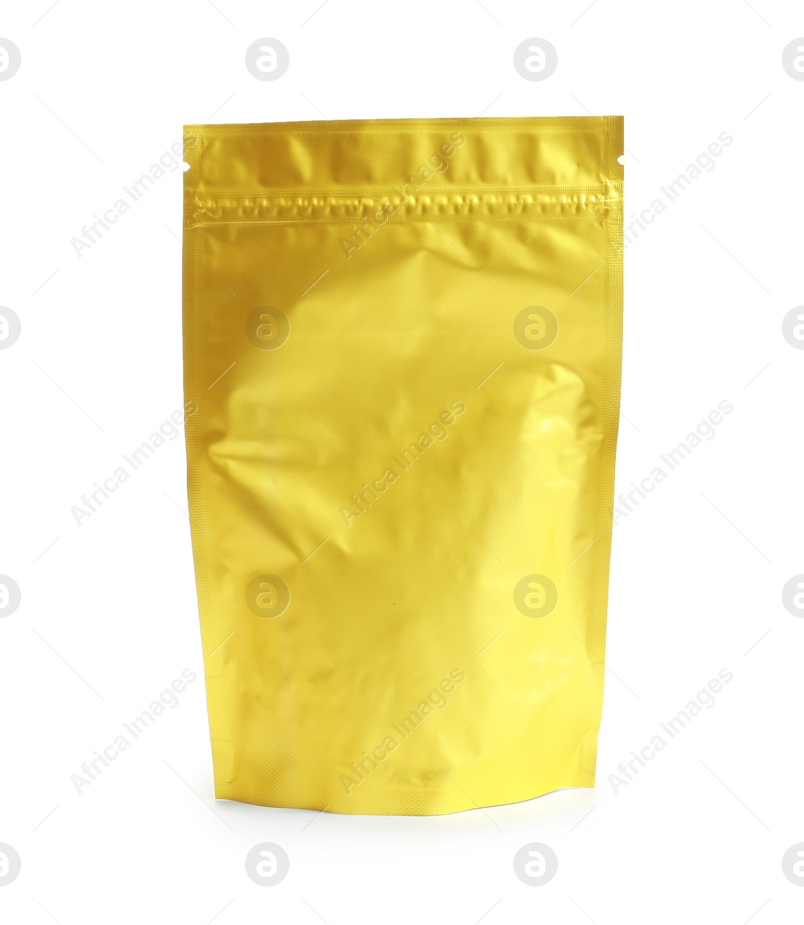 Photo of Foil bag with tea on white background