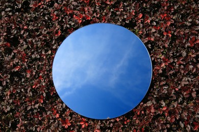 Round mirror on red and brown leaves reflecting sky, top view