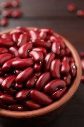 Photo of Raw red kidney beans in bowl on table, closeup